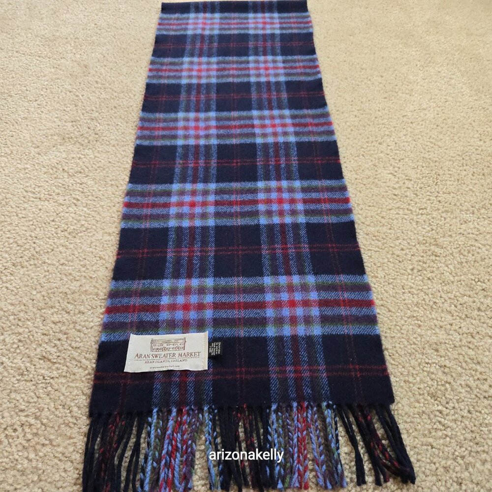 Aran Sweater Market Extra Fine Merino Wool Blue Plaid Scarf - Picture 7 of 10
